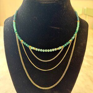 Nakamol Adjustable Clasp Necklace with Aqua Beading + Gold Chain 13.5 - 16 inch